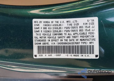 2004 Honda Cr-V Lx from USA, damaged, VIN SHSRD68424U207687